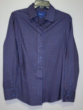 Façonnable Women’s Size 12 Navy Rust Plaid Long Sleeve Button Down Shirt